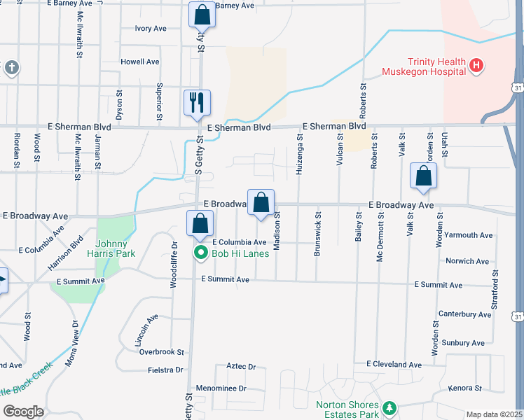 map of restaurants, bars, coffee shops, grocery stores, and more near 950 East Broadway Avenue in Norton Shores