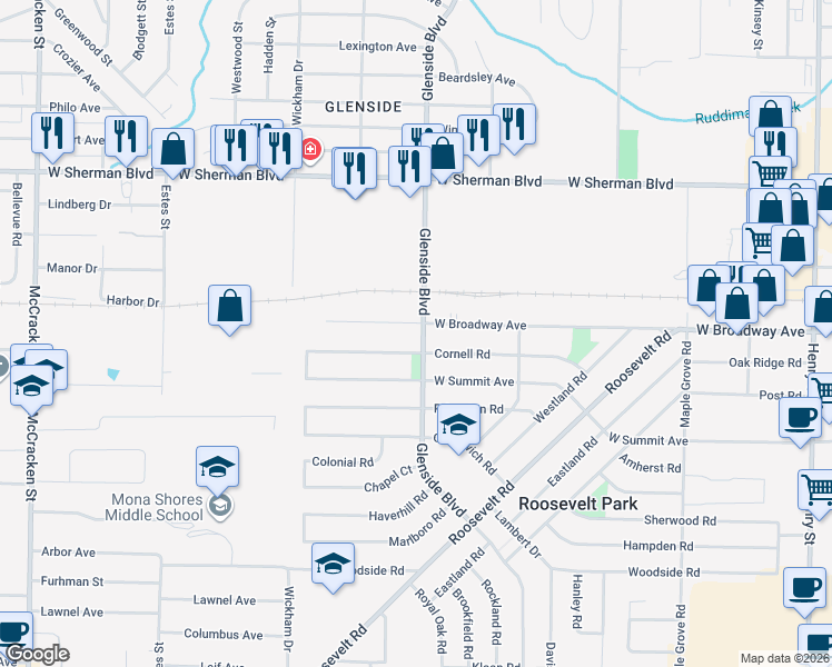 map of restaurants, bars, coffee shops, grocery stores, and more near 1412 Garrison Road in Muskegon