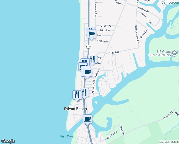 map of restaurants, bars, coffee shops, grocery stores, and more near 1208 Main Street in Sylvan Beach