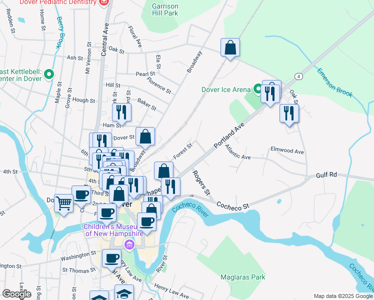 map of restaurants, bars, coffee shops, grocery stores, and more near 35 Forest Street in Dover