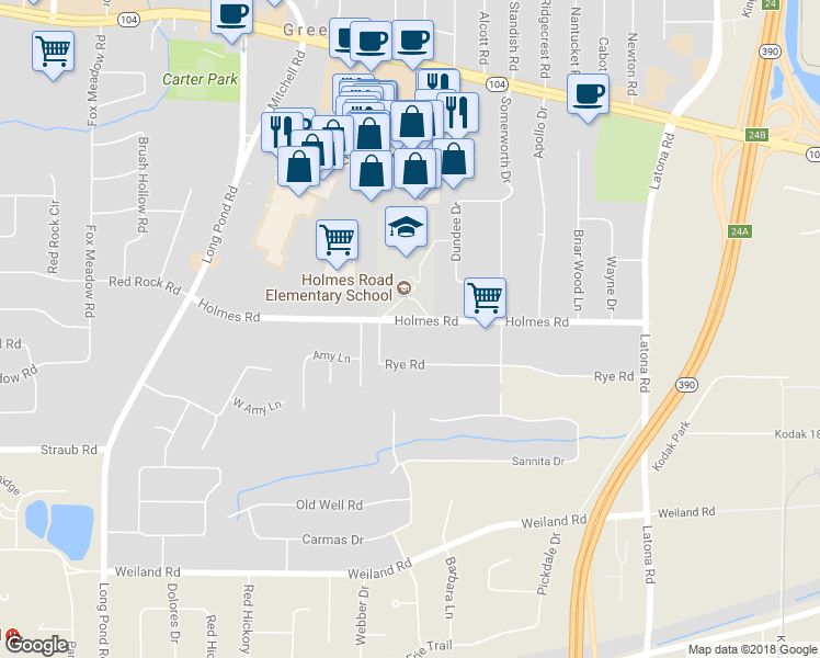 map of restaurants, bars, coffee shops, grocery stores, and more near 289 Holmes Road in Rochester