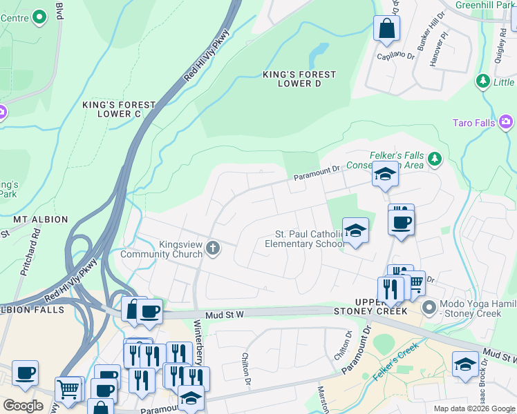 map of restaurants, bars, coffee shops, grocery stores, and more near 10 Sugarplum Court in Hamilton