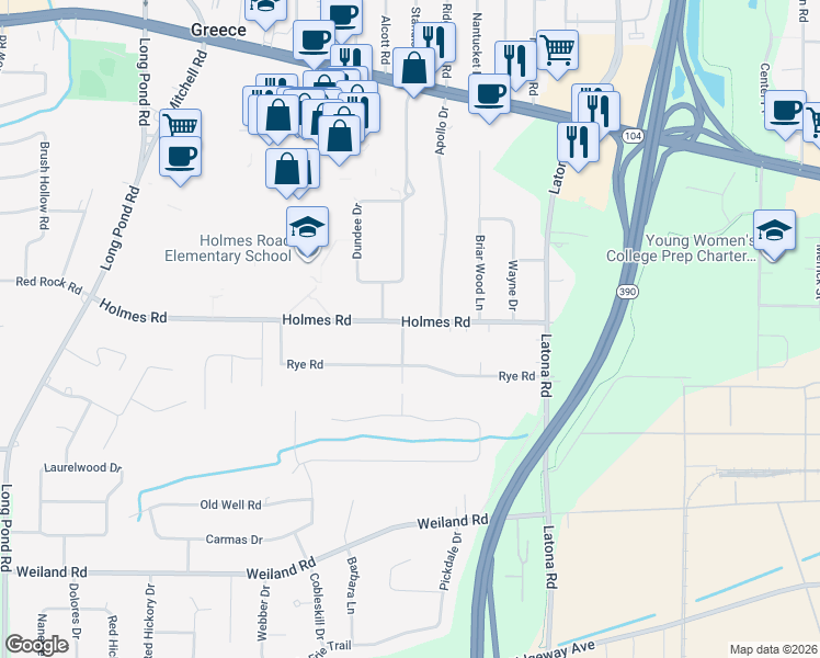 map of restaurants, bars, coffee shops, grocery stores, and more near 214 Apollo Drive in Rochester
