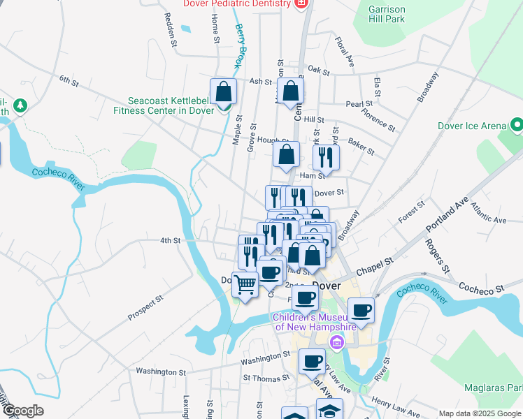 map of restaurants, bars, coffee shops, grocery stores, and more near 30 6th Street in Dover