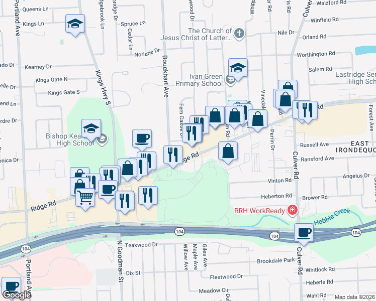 map of restaurants, bars, coffee shops, grocery stores, and more near 1738 East Ridge Road in Rochester