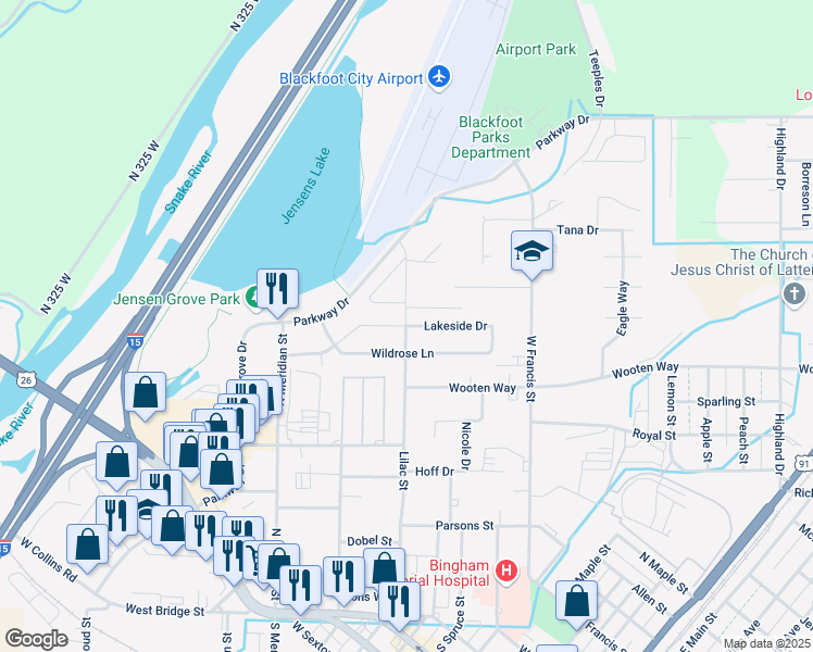 map of restaurants, bars, coffee shops, grocery stores, and more near 798 Lakeside Dr in Blackfoot