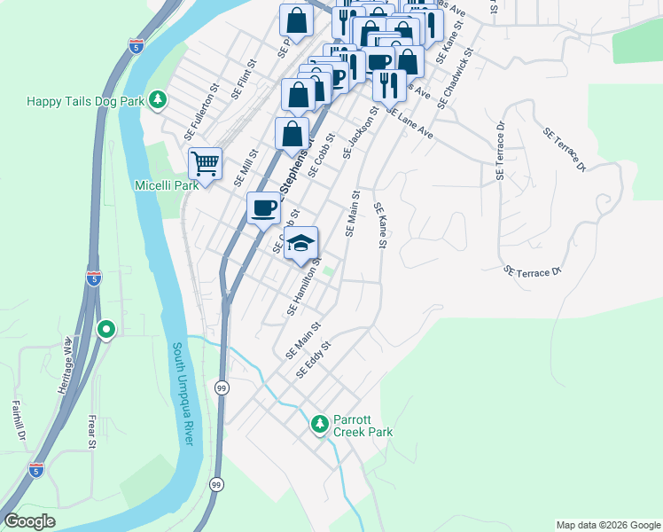 map of restaurants, bars, coffee shops, grocery stores, and more near 1428 Southeast Thompson Street in Roseburg