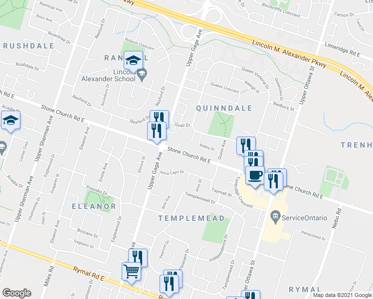 map of restaurants, bars, coffee shops, grocery stores, and more near 915 Stone Church Road East in Hamilton