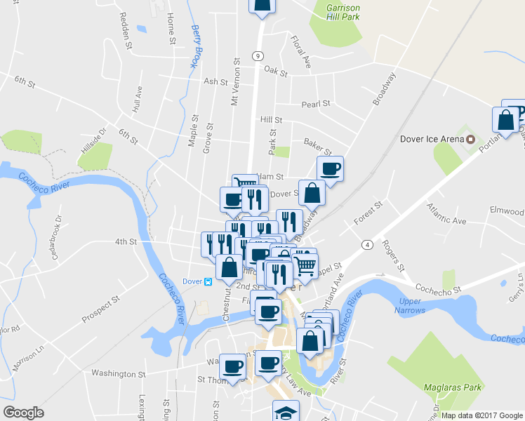 map of restaurants, bars, coffee shops, grocery stores, and more near 10 New York Street in Dover