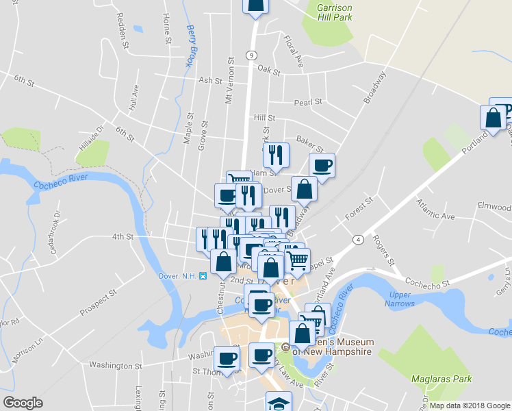 map of restaurants, bars, coffee shops, grocery stores, and more near 12 New York Street in Dover