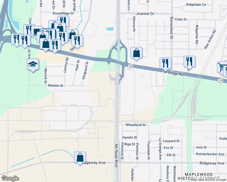 map of restaurants, bars, coffee shops, grocery stores, and more near 2447 Mount Read Boulevard in Rochester