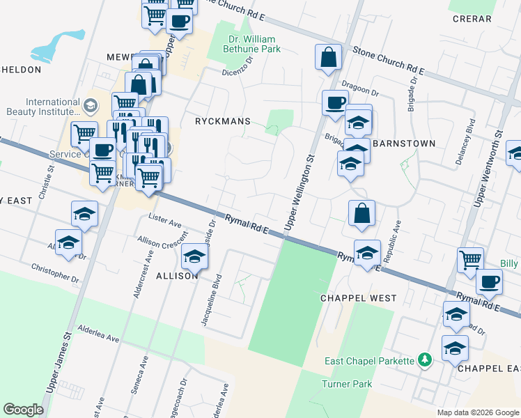 map of restaurants, bars, coffee shops, grocery stores, and more near 24 Marilyn Court in Hamilton