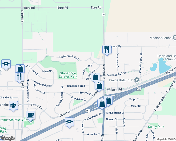 map of restaurants, bars, coffee shops, grocery stores, and more near 1551 Boulder Way in Sun Prairie