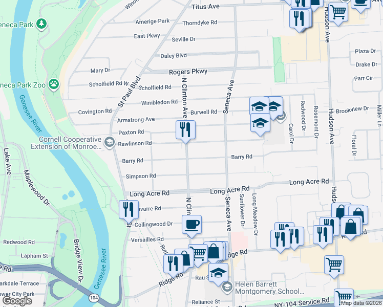 map of restaurants, bars, coffee shops, grocery stores, and more near 2183 North Clinton Avenue in Irondequoit