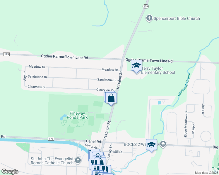 map of restaurants, bars, coffee shops, grocery stores, and more near 8 Clearview Dr in Spencerport