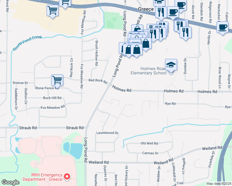 map of restaurants, bars, coffee shops, grocery stores, and more near 555 Holmes Road in Rochester