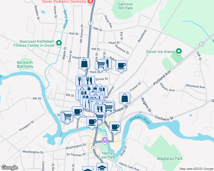 map of restaurants, bars, coffee shops, grocery stores, and more near 46 New York Street in Dover