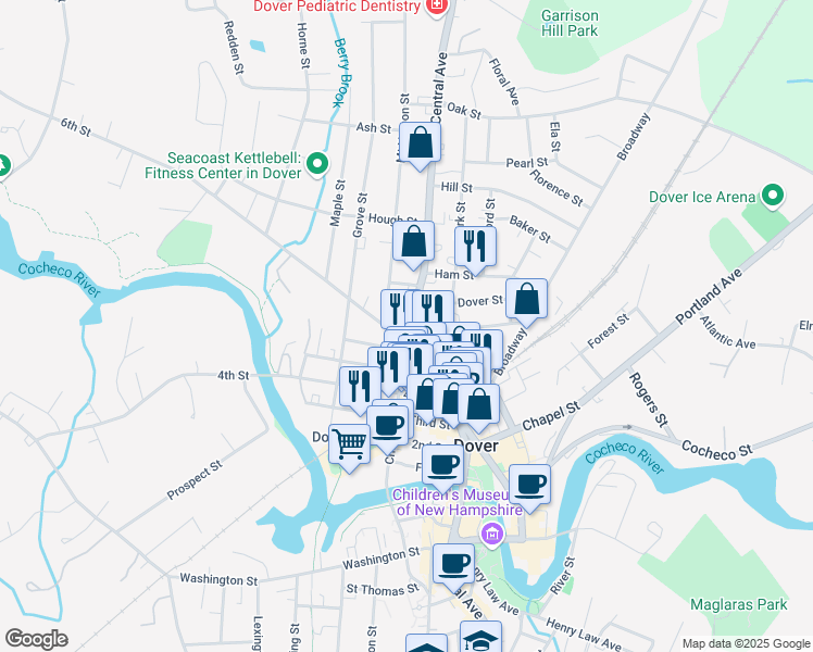 map of restaurants, bars, coffee shops, grocery stores, and more near in Dover