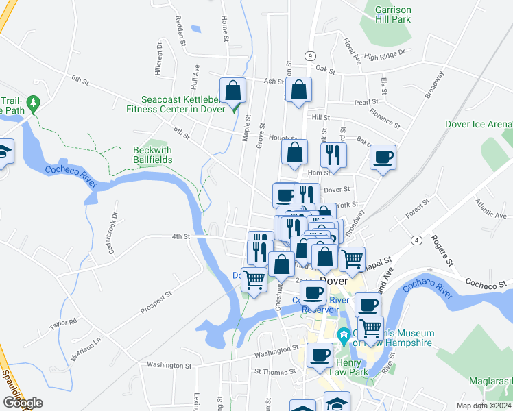 map of restaurants, bars, coffee shops, grocery stores, and more near 36 6th Street in Dover