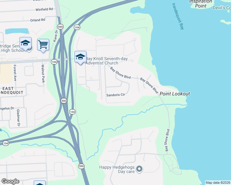 map of restaurants, bars, coffee shops, grocery stores, and more near 55 San Marie Drive in Irondequoit