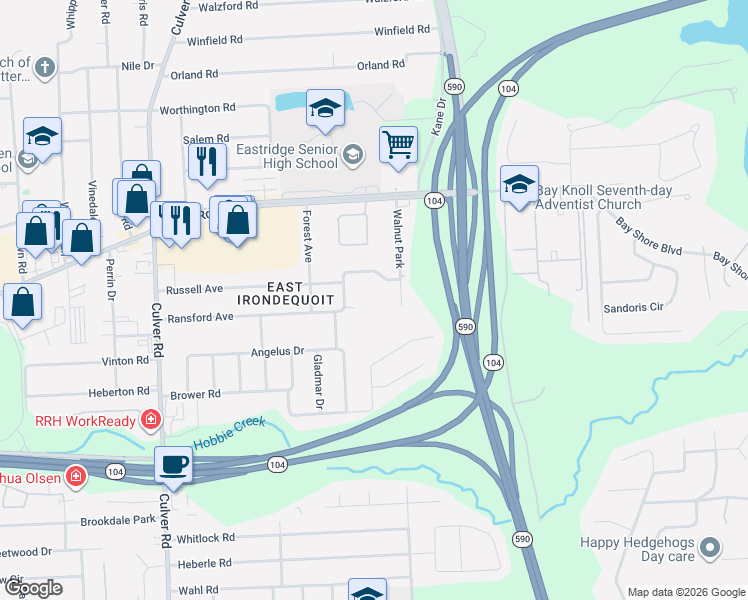 map of restaurants, bars, coffee shops, grocery stores, and more near 349 Ransford Avenue in Rochester