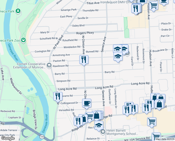 map of restaurants, bars, coffee shops, grocery stores, and more near 244 Barry Road in Rochester
