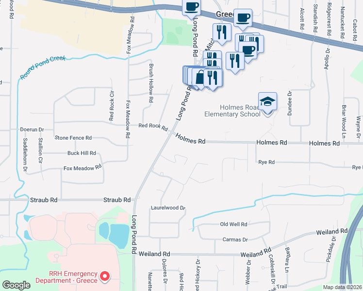 map of restaurants, bars, coffee shops, grocery stores, and more near 555 Holmes Road in Rochester