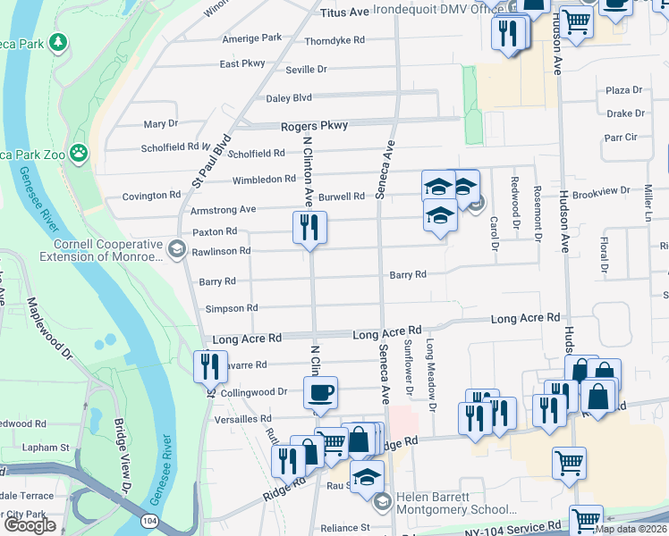map of restaurants, bars, coffee shops, grocery stores, and more near 244 Barry Rd in Rochester