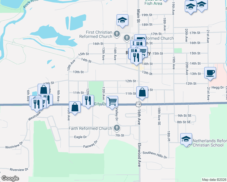 map of restaurants, bars, coffee shops, grocery stores, and more near 1317 11th Street in Rock Valley