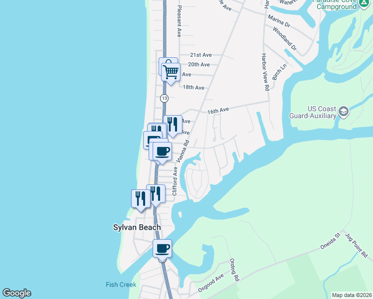 map of restaurants, bars, coffee shops, grocery stores, and more near 1300 Vienna Road in Sylvan Beach