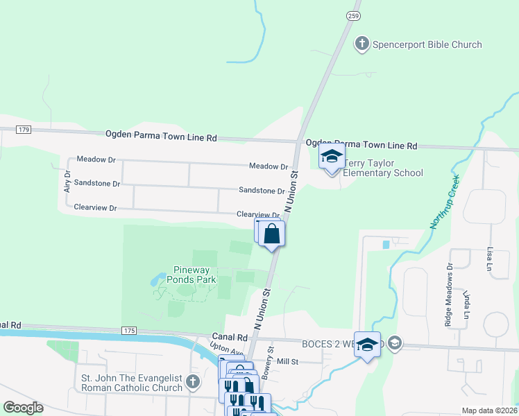 map of restaurants, bars, coffee shops, grocery stores, and more near 8 Clearview Drive in Spencerport
