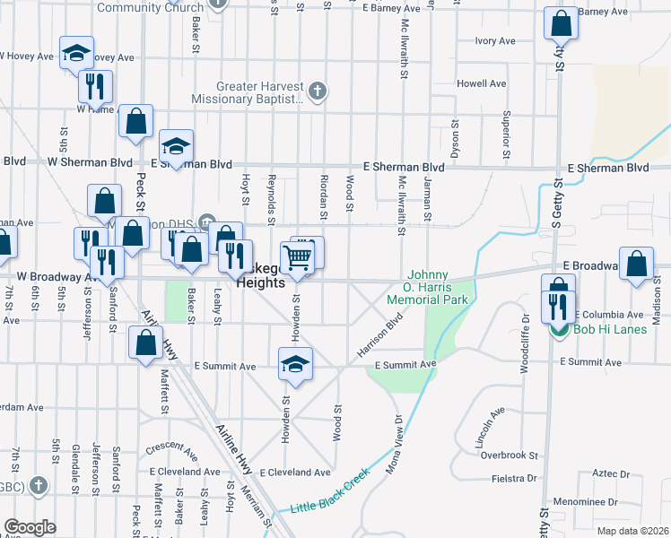map of restaurants, bars, coffee shops, grocery stores, and more near 2733 Wood Street in Muskegon Heights