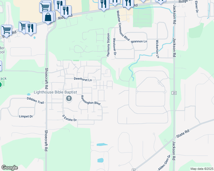 map of restaurants, bars, coffee shops, grocery stores, and more near 1018 Summitville Drive in Webster