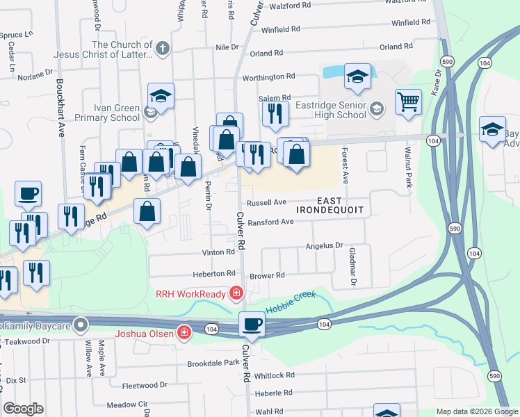 map of restaurants, bars, coffee shops, grocery stores, and more near 39 Russell Ave in Rochester