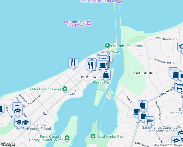 map of restaurants, bars, coffee shops, grocery stores, and more near 27 Main Street in St. Catharines