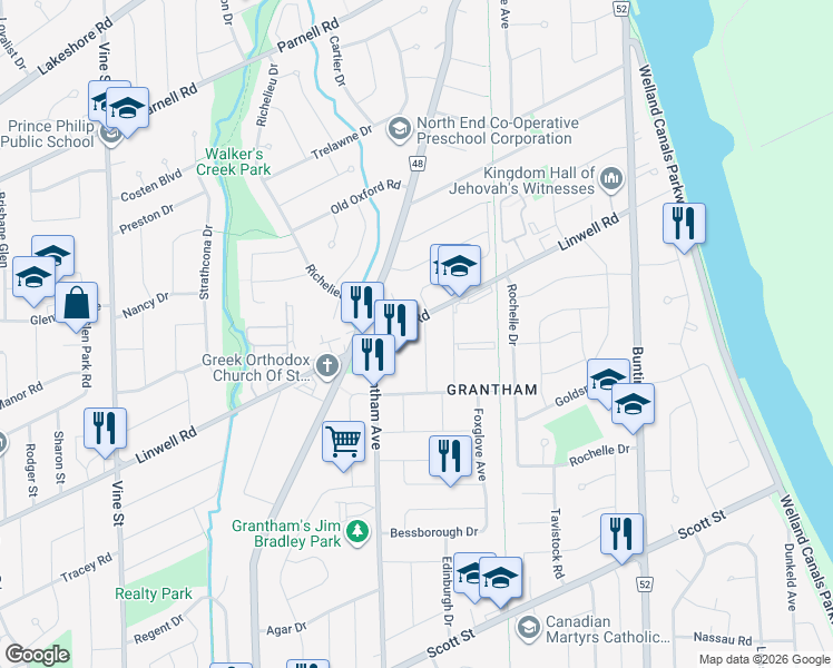 map of restaurants, bars, coffee shops, grocery stores, and more near 4 Whiteoak Drive in St. Catharines