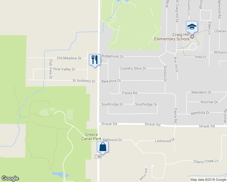 map of restaurants, bars, coffee shops, grocery stores, and more near 458 Fiesta Road in Rochester
