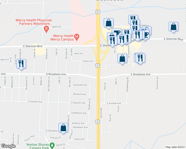map of restaurants, bars, coffee shops, grocery stores, and more near East Broadway Avenue in Norton Shores