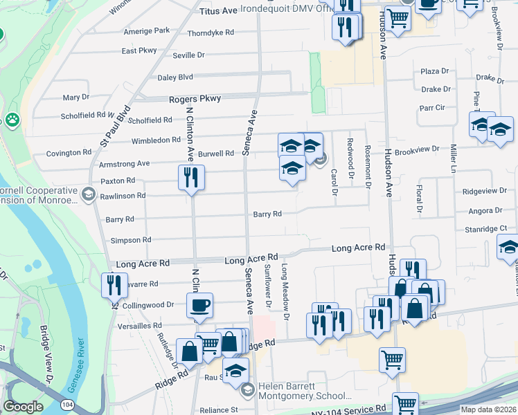 map of restaurants, bars, coffee shops, grocery stores, and more near 352 Barry Road in Rochester