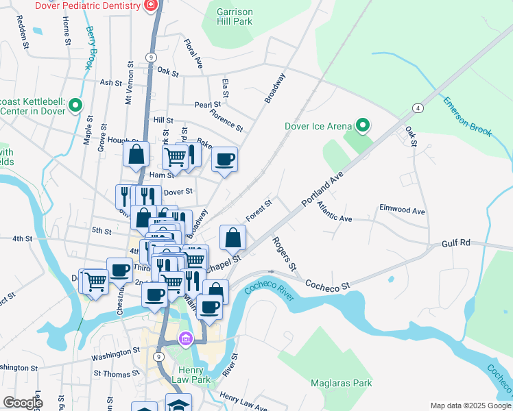 map of restaurants, bars, coffee shops, grocery stores, and more near 30 Forest Street in Dover