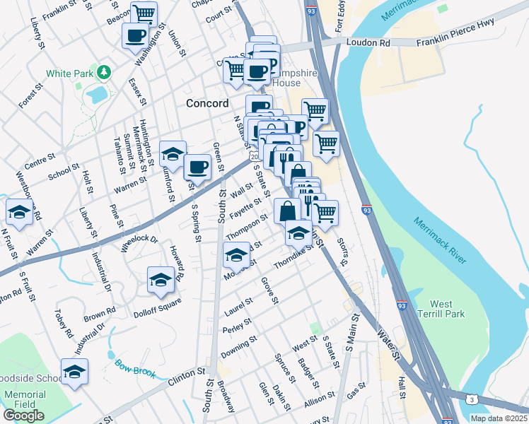 map of restaurants, bars, coffee shops, grocery stores, and more near 10 Thompson Street in Concord