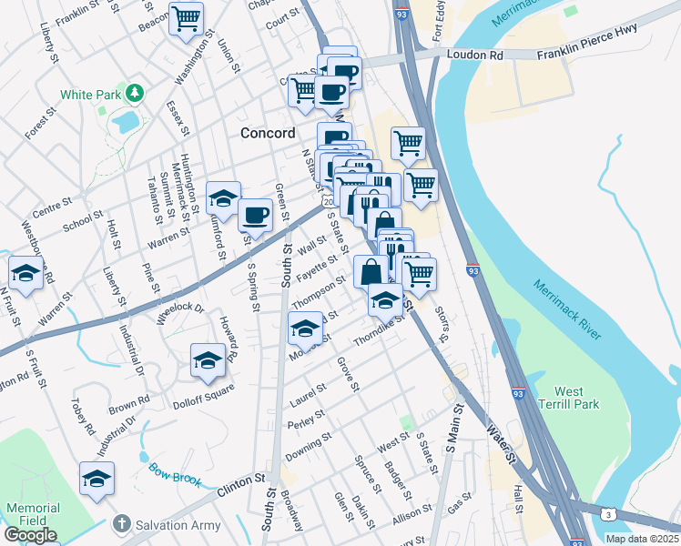 map of restaurants, bars, coffee shops, grocery stores, and more near 10 Thompson Street in Concord