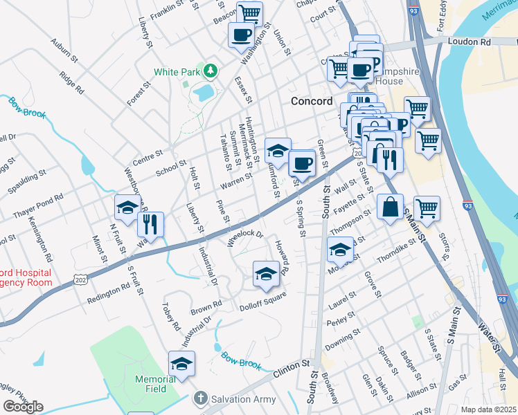 map of restaurants, bars, coffee shops, grocery stores, and more near 82 Pleasant Street in Concord