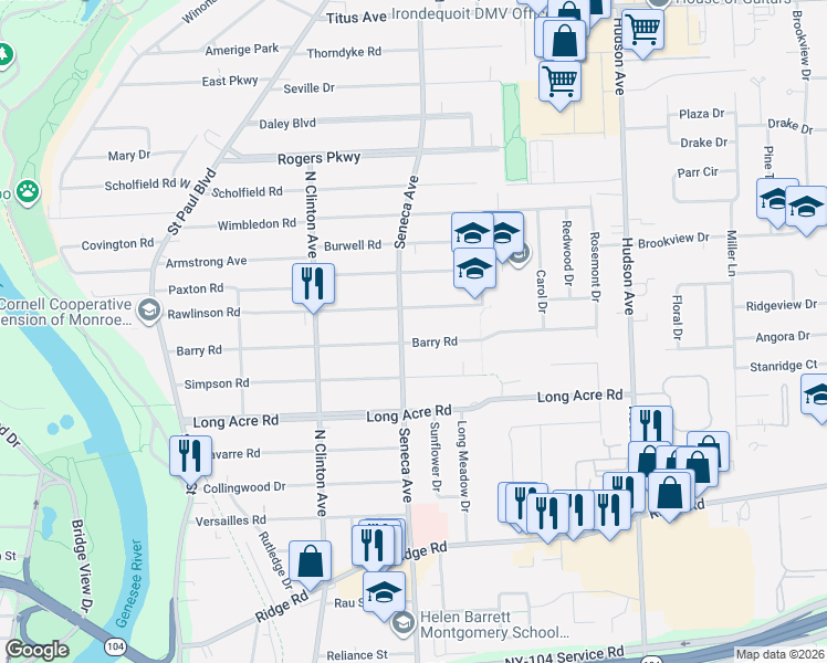 map of restaurants, bars, coffee shops, grocery stores, and more near 352 Barry Road in Rochester
