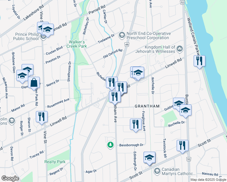 map of restaurants, bars, coffee shops, grocery stores, and more near in St. Catharines