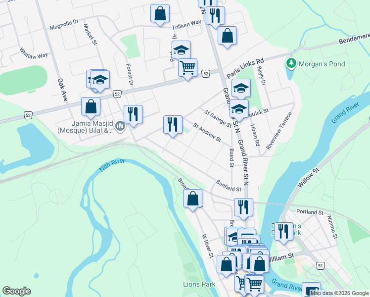 map of restaurants, bars, coffee shops, grocery stores, and more near 46 Jane Street in Brant