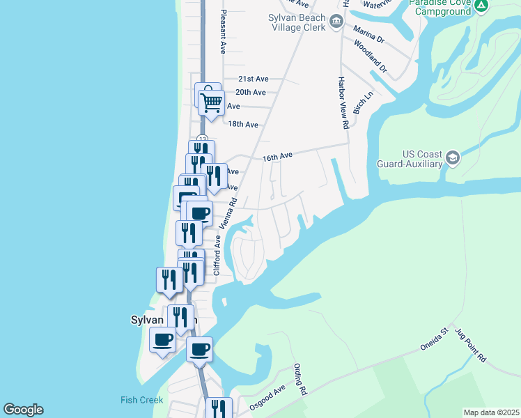 map of restaurants, bars, coffee shops, grocery stores, and more near 1300 Pioneer Avenue in Sylvan Beach