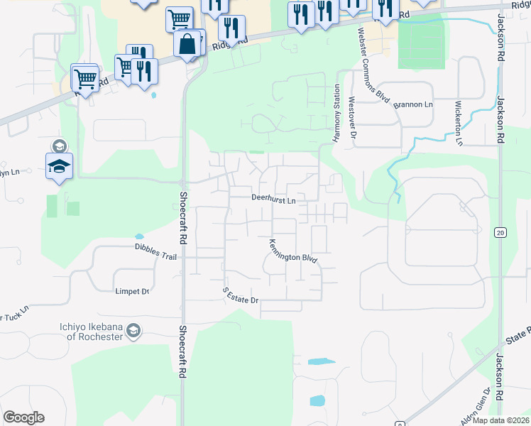 map of restaurants, bars, coffee shops, grocery stores, and more near 32 Cassandra Court in Webster