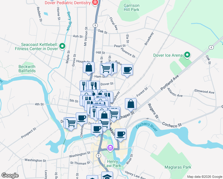 map of restaurants, bars, coffee shops, grocery stores, and more near 38 New York Street in Dover