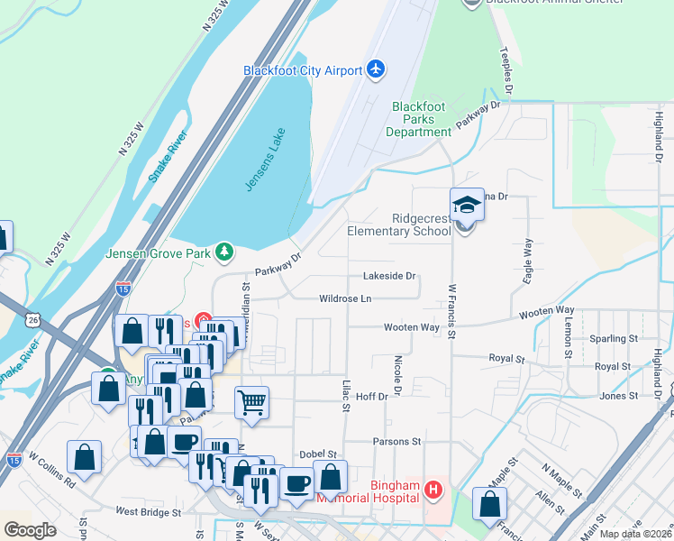 map of restaurants, bars, coffee shops, grocery stores, and more near 821 Lakeside Drive in Blackfoot